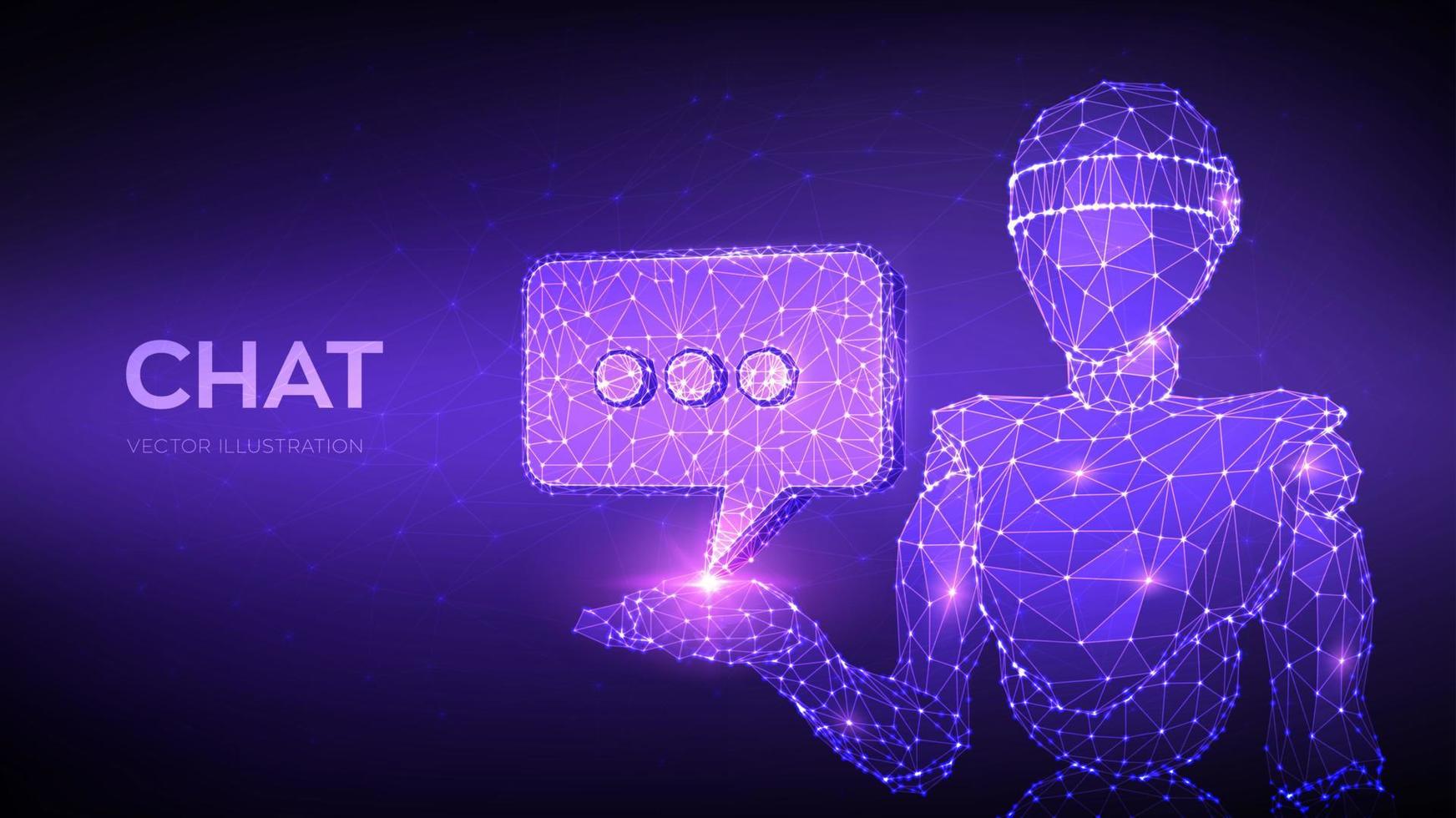 chatbot. robot poligonale basso 3d astratto che tiene l'icona della chat. simbolo del messaggio del fumetto. nuvola di dialogo social network astratto o tema di comunicazione in colore blu. Illustrazione vettoriale poligonale 3D