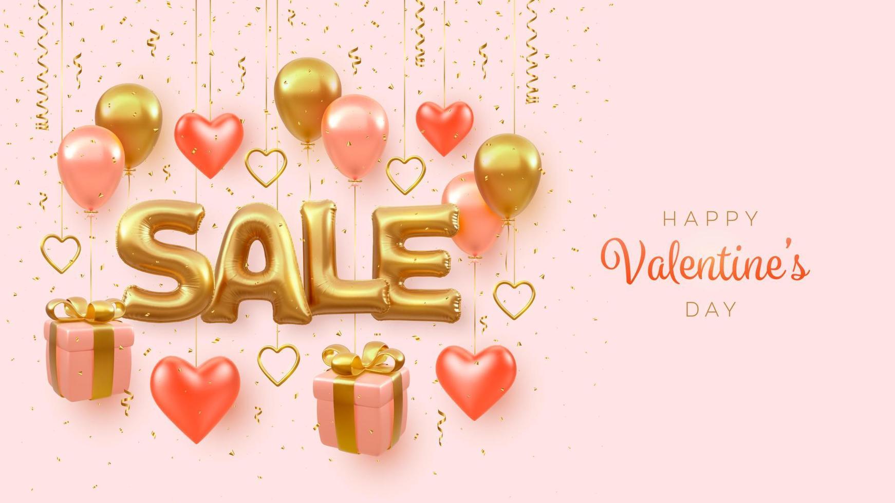 banner di vendita di san valentino. parola di vendita 3d dorata con palloncini volare elio tondo e forma di cuori, scatole regalo rosa con fiocco dorato. cuori metallici dorati e coriandoli glitterati. illustrazione vettoriale. vettore