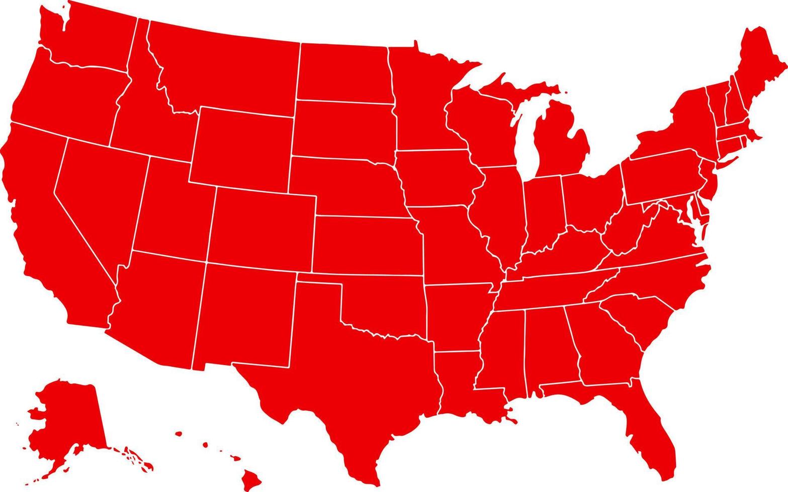 mappa degli stati uniti d'america di colore rosso. mappa politica degli Stati Uniti. vettore