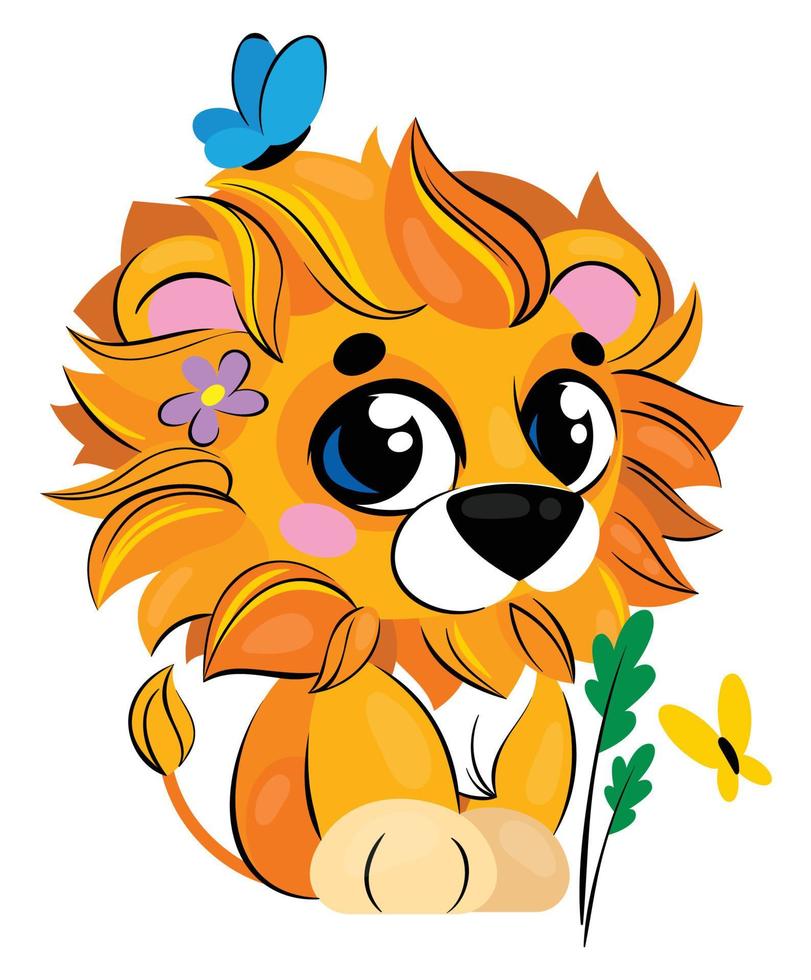 un piccolo leone carino con una soffice criniera irsuta è seduto. illustrazione per bambini vettore