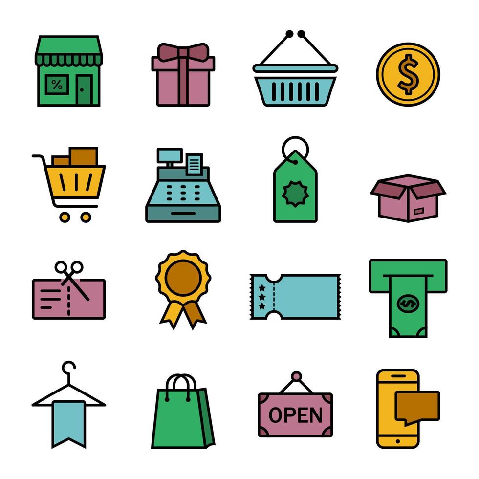 set di icone vettoriali piatte sul tema di affari, denaro, vendita al dettaglio, commercio