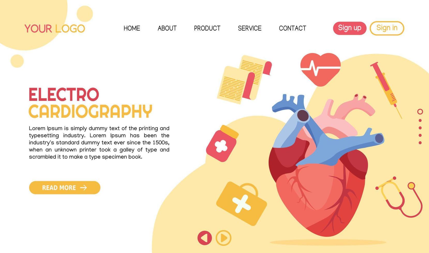 illustrazione del vettore di trattamento del cuore elettrodiografia modello pagina di destinazione