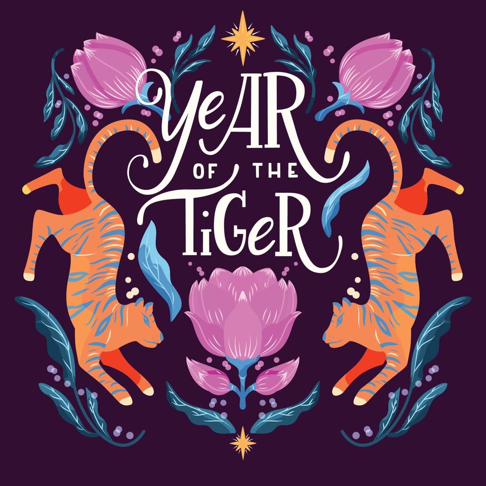 anno della tigre disegno a mano lettering con tigri ed elementi floreali. illustrazione vettoriale colorata.