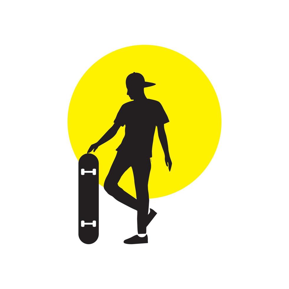 silhouette giovane uomo formazione skateboard con logo tramonto design, vettore grafico simbolo icona illustrazione idea creativa