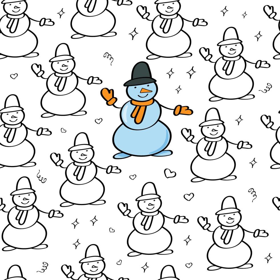 modello di doodle di pupazzi di neve felici. sfondo disegnato a mano per le vacanze invernali. natale e capodanno. contorno nero su sfondo bianco. illustrazione vettoriale in stile schizzo.