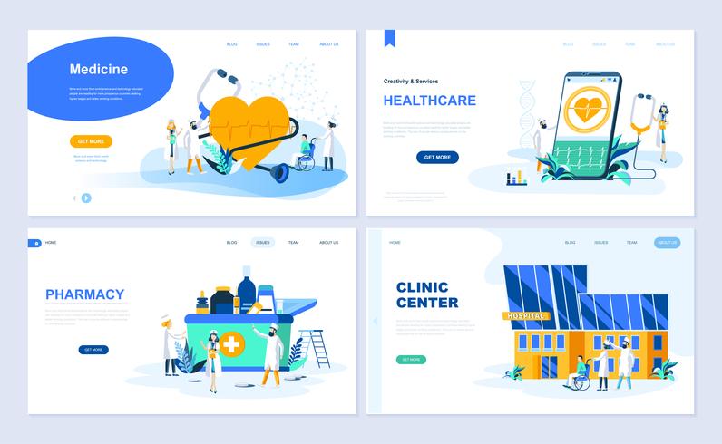 Set di template per landing page per Medicina, Sanità, Farmacia, Centro Clinico. I concetti piani dell&#39;illustrazione moderna di vettore hanno decorato il carattere della gente per il sito Web e lo sviluppo del sito Web mobile.