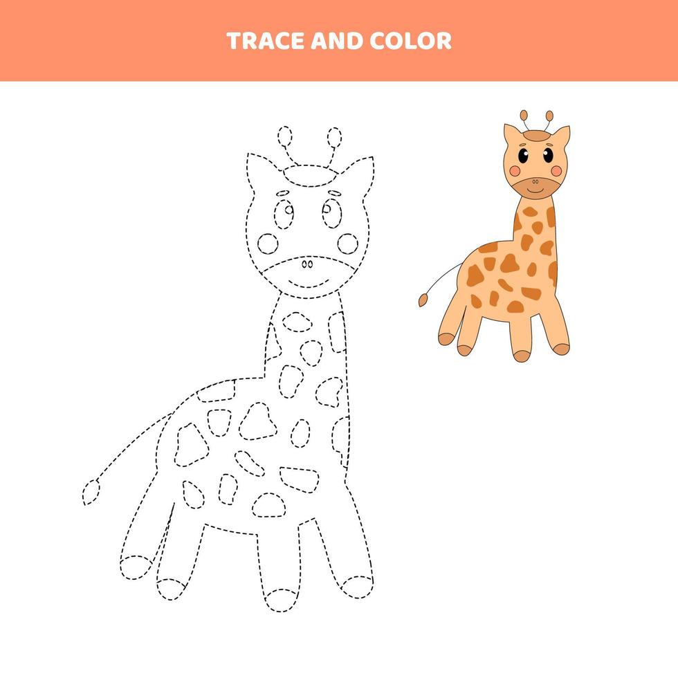traccia e colora una giraffa dei cartoni animati. foglio di lavoro per bambini. vettore