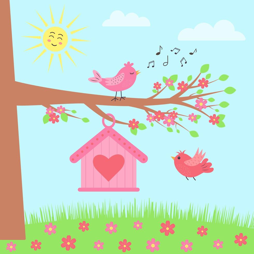 prato con albero, fiori, casetta per gli uccelli e uccelli. primavera. il sole dei cartoni animati splende. gli uccelli volano e cantano. vettore