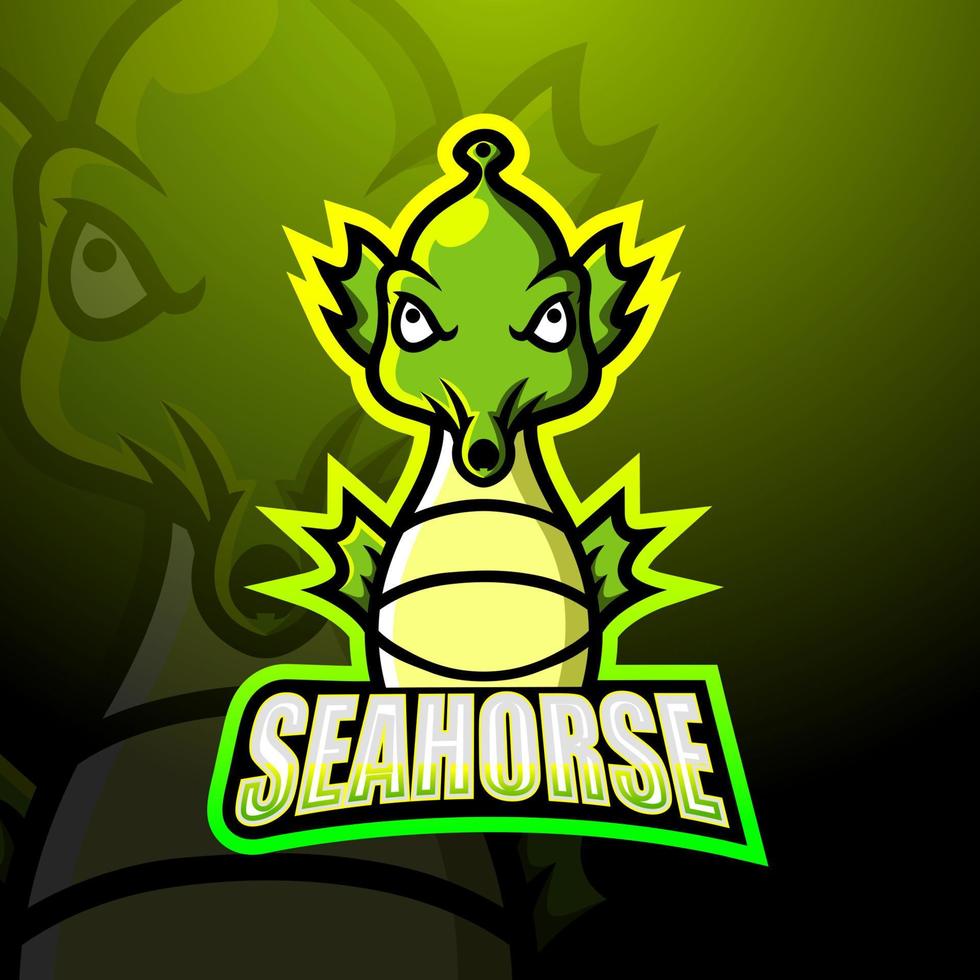 design del logo esport della mascotte del cavalluccio marino vettore
