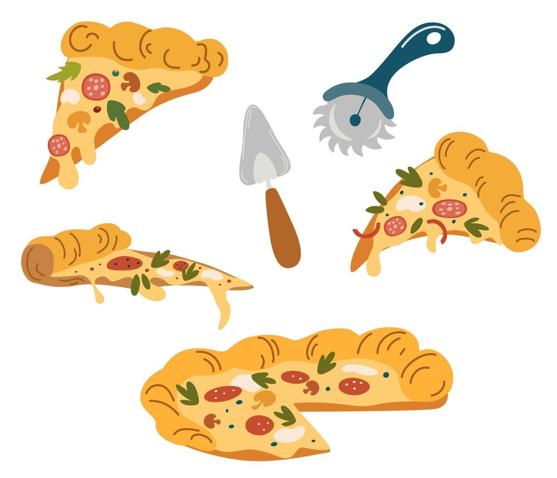 set per pizza. tranci di pizza con formaggio salsiccia pepe e funghi. coltello da pizza e spatola. gustoso cibo veloce. illustrazione di tiraggio della mano del fumetto di vettore