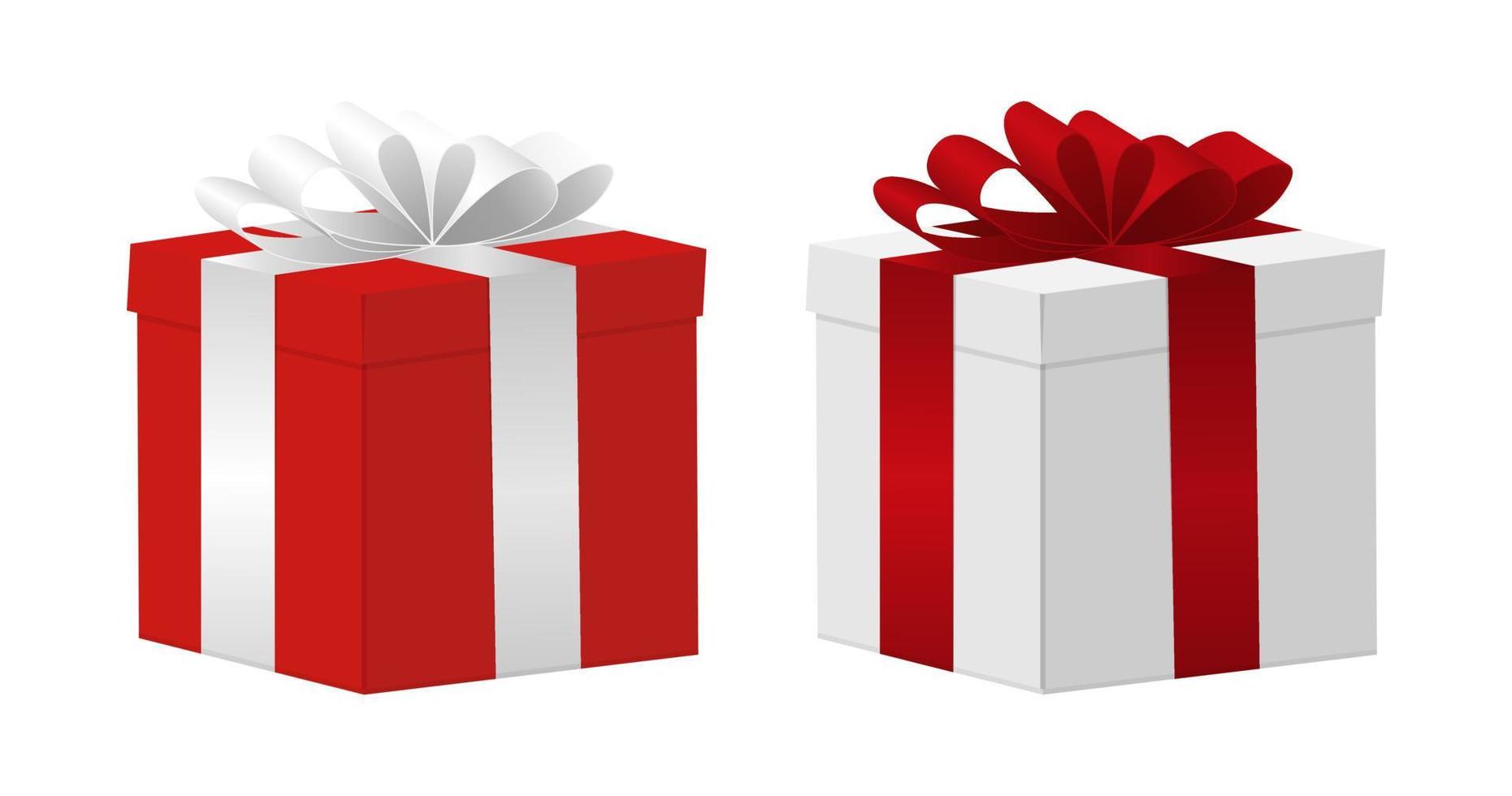 scatole regalo quadrate rosse e bianche con fiocco e nastro vettore