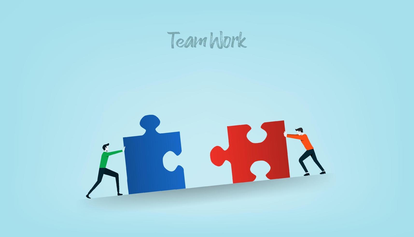 puzzle di uomini d'affari che spingono enormi pezzi di un puzzle l'uno verso l'altro. simbolo di lavoro insieme, cooperazione e partnership. vettore