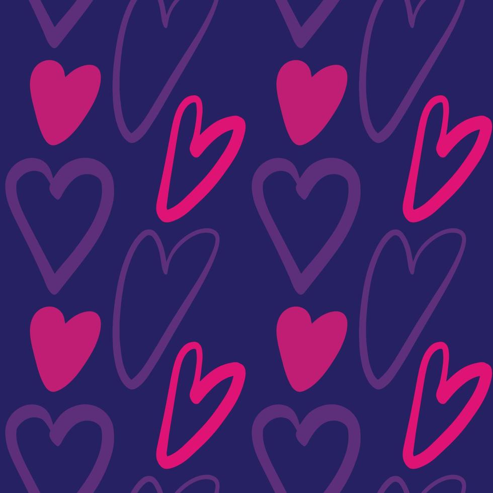 modello senza cuciture con simbolo di amore del cuore in colore rosa viola su sfondo blu scuro vettore