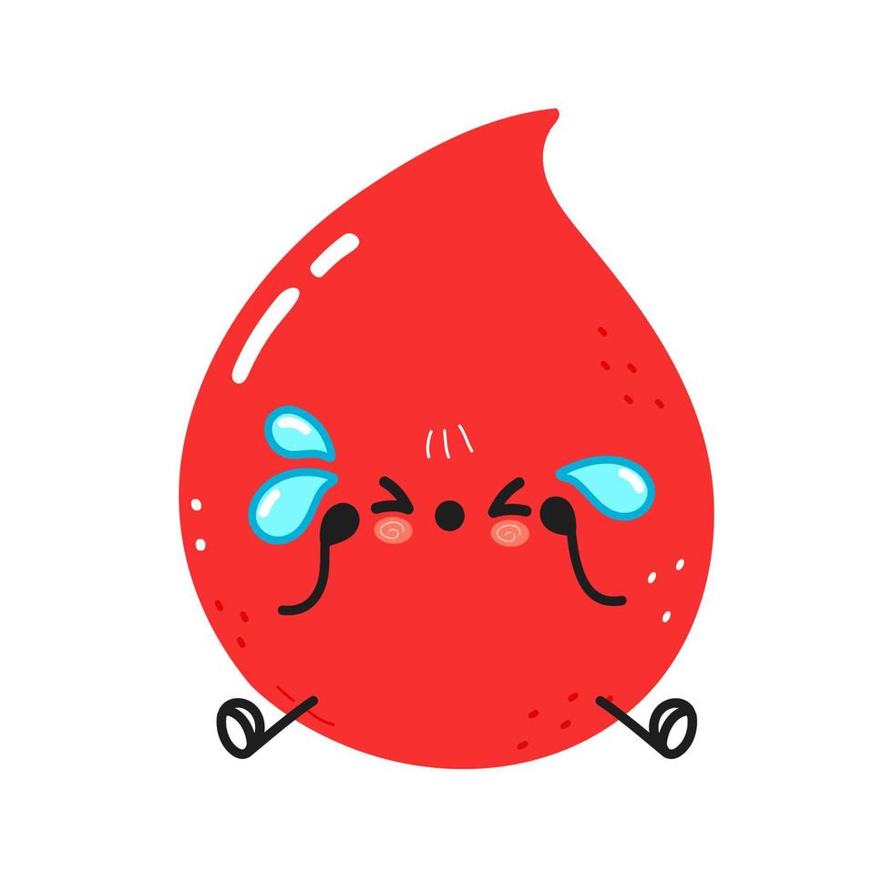 simpatico personaggio di goccia di sangue triste. icona dell'illustrazione del carattere kawaii del fumetto disegnato a mano di vettore. isolato su sfondo bianco. concetto di carattere triste goccia di sangue vettore