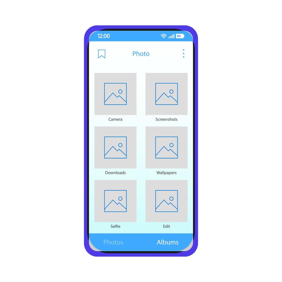 modello di vettore dell'interfaccia dello smartphone della galleria fotografica. layout di design blu della pagina dell'app dell'album della fotocamera mobile. sfondi, schermate, schermata della libreria selfie. interfaccia utente piatta. display del telefono