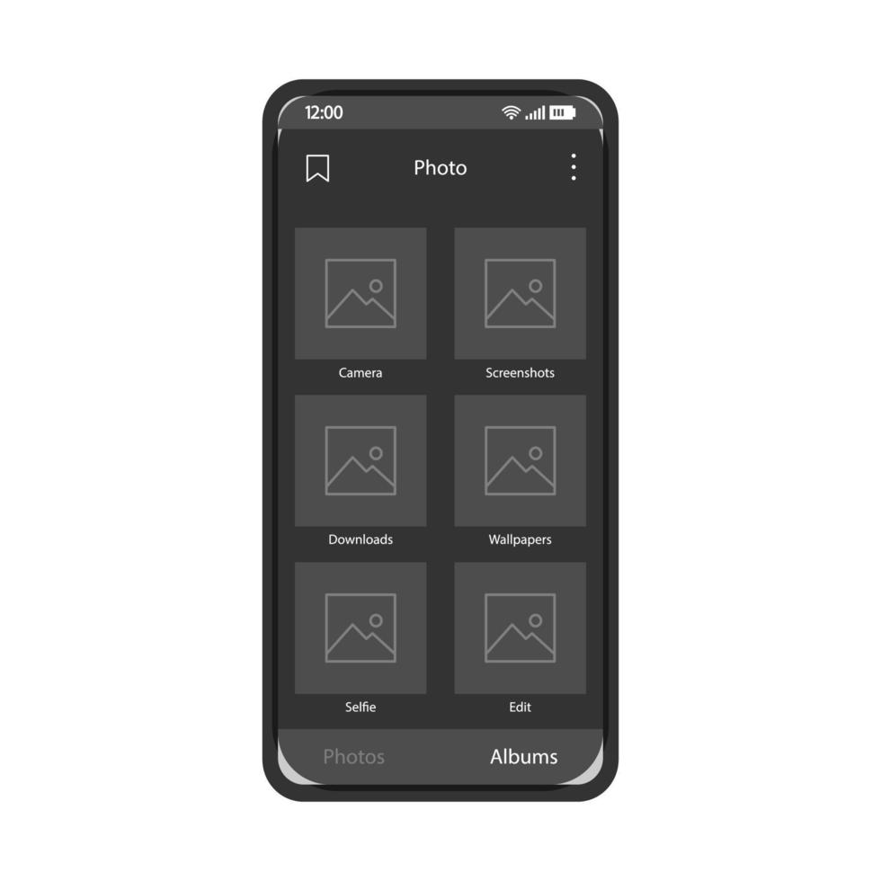 modello di vettore dell'interfaccia dello smartphone dell'album fotografico. layout di design nero della pagina dell'app della galleria della fotocamera mobile. sfondi, schermate, download della schermata della libreria. interfaccia utente piatta. display del telefono