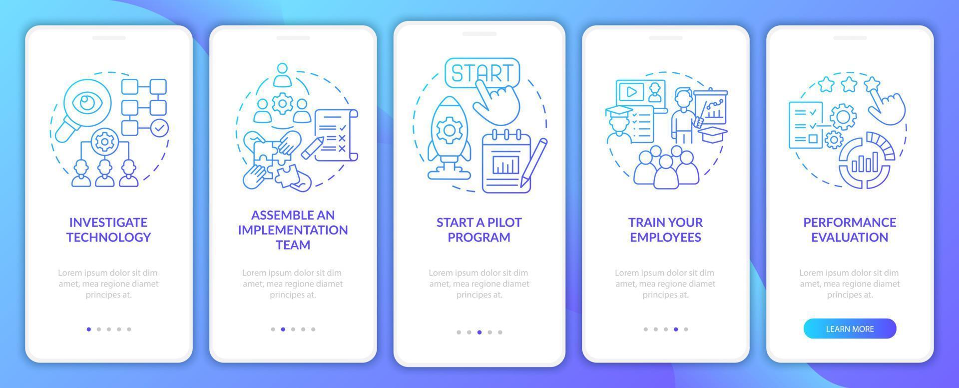 implementare i passaggi tecnologici per l'onboarding della schermata della pagina dell'app mobile. avviare il programma pilota procedura dettagliata 5 passaggi istruzioni grafiche con concetti. modello vettoriale ui, ux, gui con illustrazioni a colori lineari