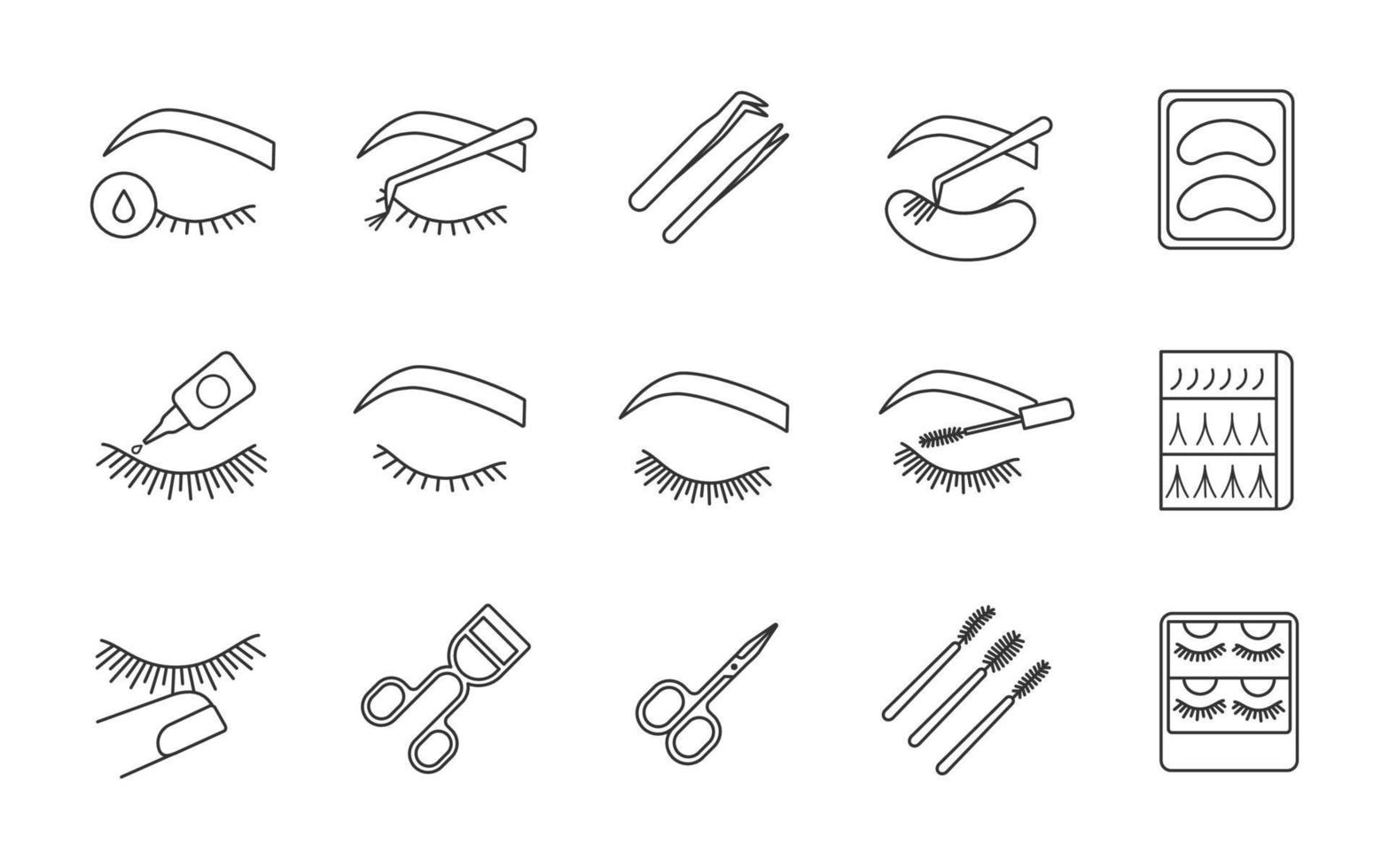 set di icone lineari per l'estensione delle ciglia. simboli di contorno di linee sottili. individuale, ciglia svasate. trucco. forbici, piegaciglia, pinzette, bacchetta per mascara. illustrazioni di contorno vettoriale isolate. tratto modificabile