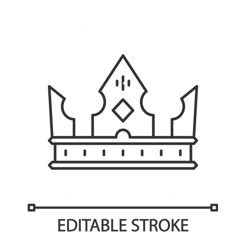 icona lineare della corona del re. simbolo di potere. copricapo per monarca, principessa, regina. signore tesoro. stemma reale. illustrazione al tratto sottile. simbolo di contorno. disegno di contorno isolato vettoriale. tratto modificabile vettore