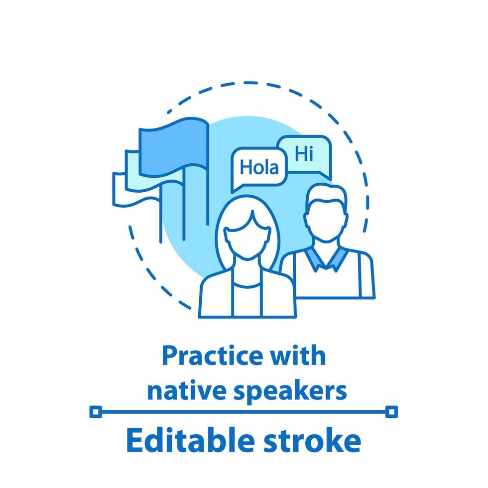 esercitarsi con l'icona del concetto di madrelingua. lezioni con tutor. illustrazione al tratto sottile dell'idea di apprendimento delle lingue straniere. abilità comunicative di base. disegno di contorno isolato vettoriale. tratto modificabile vettore