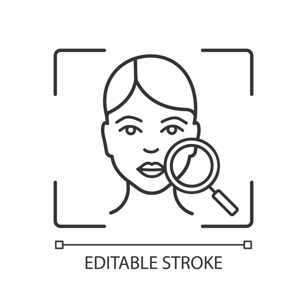 icona lineare di scansione facciale. riconoscimento facciale. illustrazione della linea sottile della testa umana e della lente d'ingrandimento. faccia id. verifica dell'identità. simbolo di contorno. disegno di contorno isolato vettoriale. tratto modificabile vettore