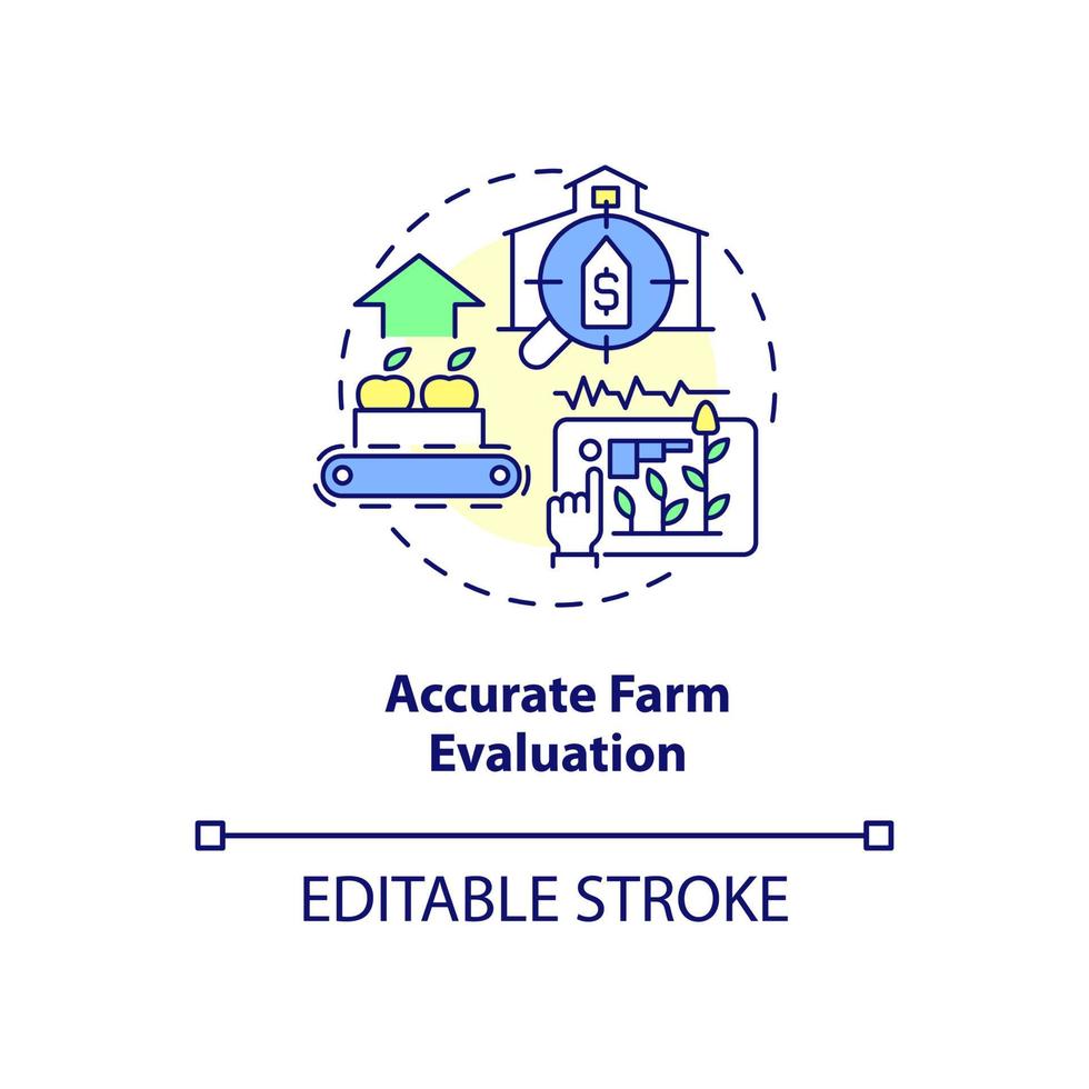 icona del concetto di valutazione dell'azienda agricola accurata. analisi della produzione idea astratta illustrazione al tratto sottile. agricoltura intelligente. disegno di contorno isolato. tratto modificabile. roboto-medium, una miriade di caratteri pro-grassetto utilizzati vettore