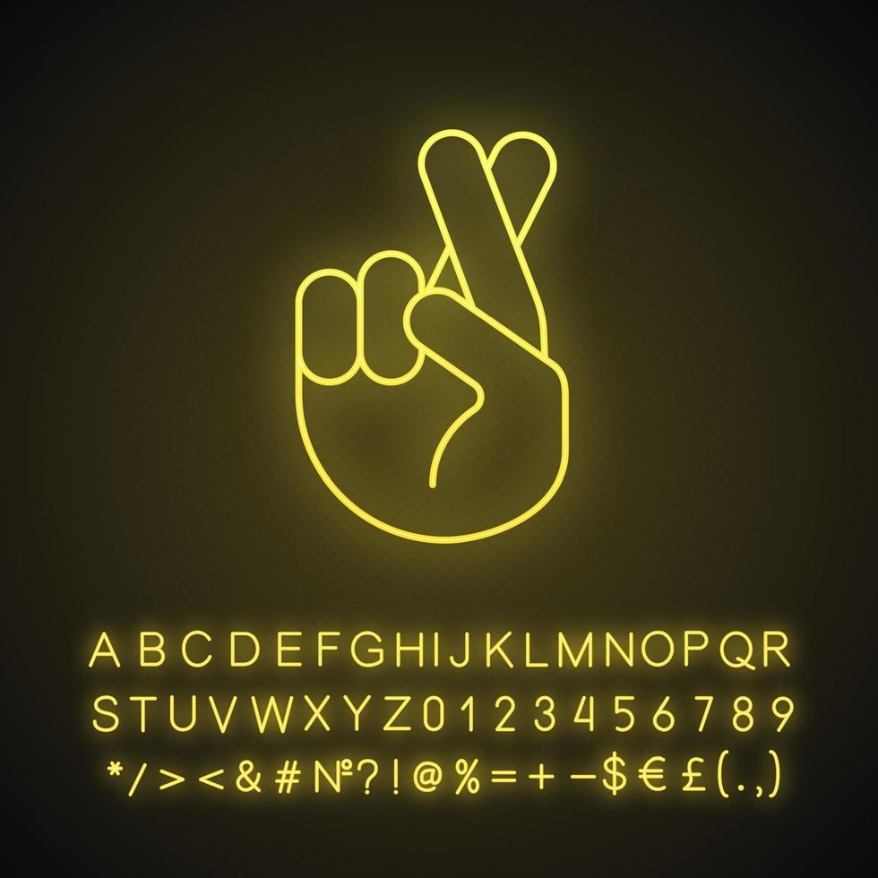 icona della luce al neon emoji incrociata con le dita. fortuna, bugia, superstizione gesto della mano. mano con il medio e l'indice incrociati. segno luminoso con alfabeto, numeri e simboli. illustrazione vettoriale isolato