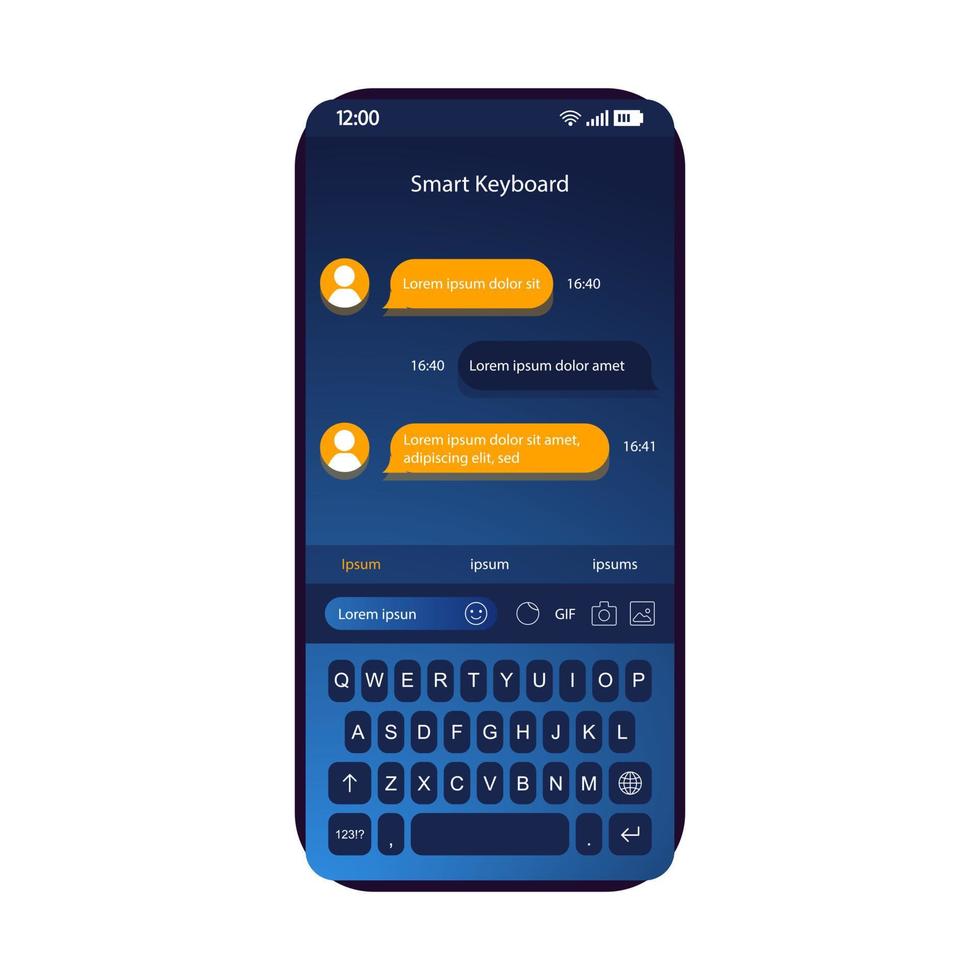 modello vettoriale interfaccia smartphone tastiera intelligente. layout di design blu della pagina dell'app mobile. schermata di messaggistica istantanea. interfaccia utente piatta per l'applicazione. dizionario intelligente, scrittura facilitata, t9. display del telefono