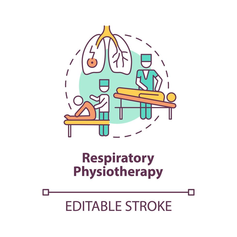 icona del concetto di fisioterapia respiratoria. terapista professionista. paziente con dolore toracico. illustrazione di linea sottile di idea astratta di trattamento. disegno a colori di contorno isolato vettoriale. tratto modificabile vettore