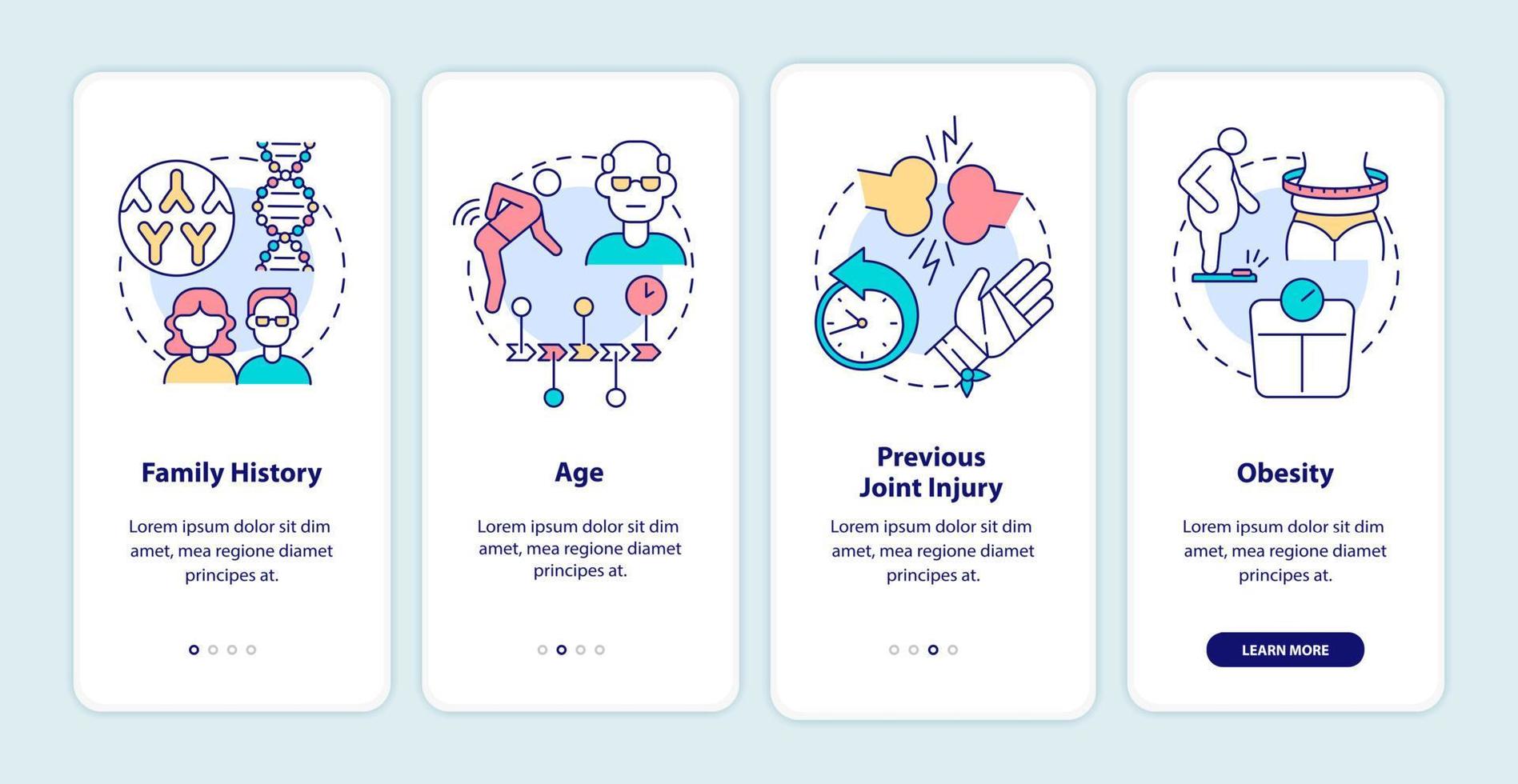 fattori di rischio di artrite durante l'onboarding della schermata della pagina dell'app mobile. cause dell'osteoartrite procedura dettagliata 4 passaggi istruzioni grafiche con concetti. modello vettoriale ui, ux, gui con illustrazioni a colori lineari