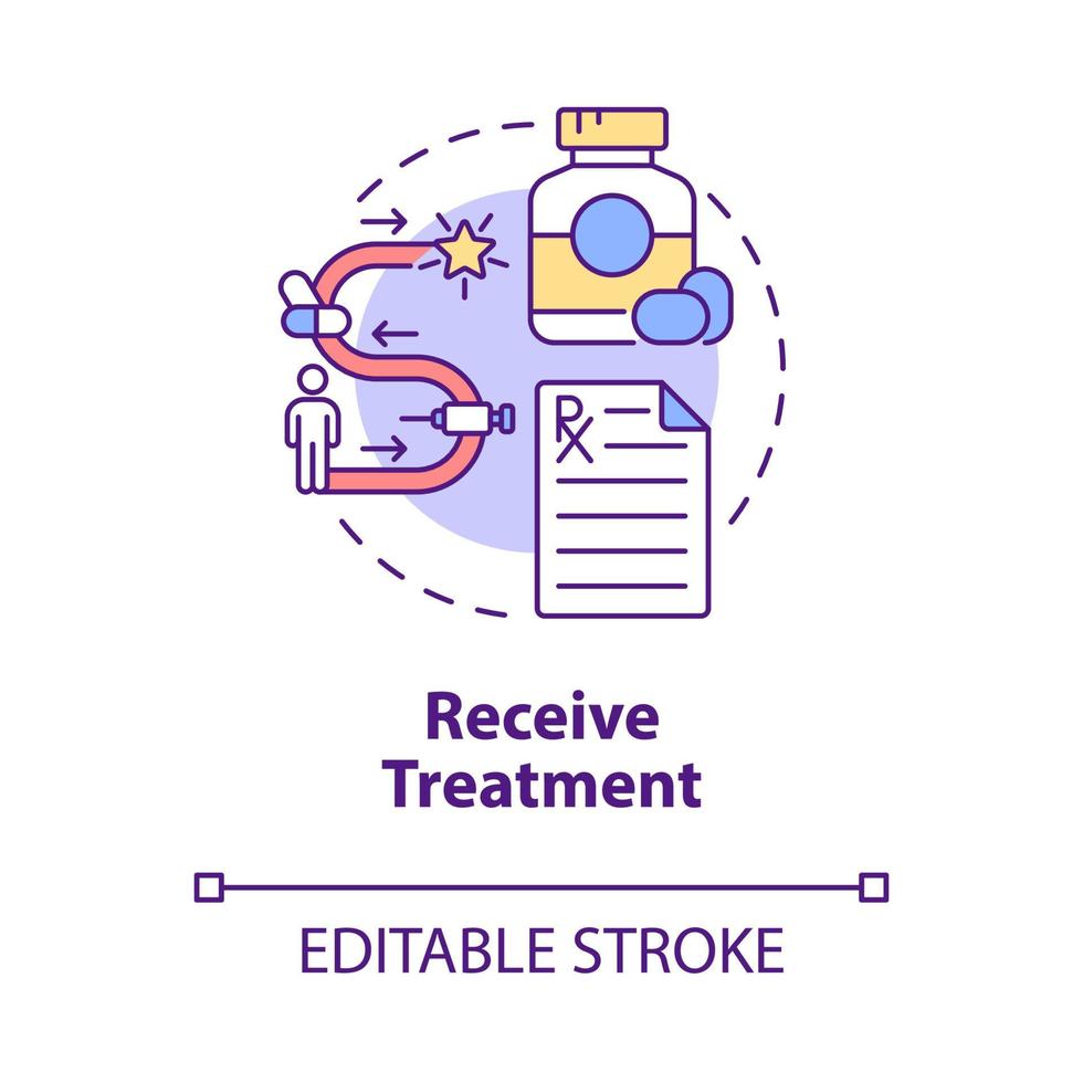 ricevere l'icona del concetto di trattamento. assistenza sanitaria. corso di terapia clinica. guarigione dalla malattia. illustrazione di linea sottile di idea astratta di fisioterapia. disegno a colori di contorno isolato vettoriale. tratto modificabile vettore
