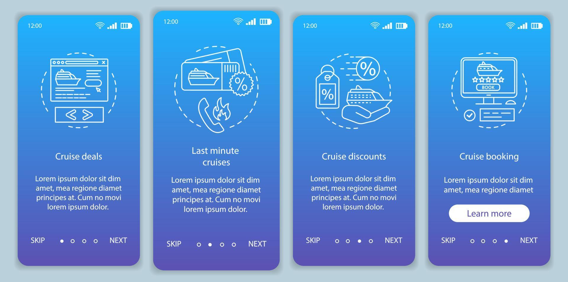 modello vettoriale dello schermo della pagina dell'app mobile per l'onboarding della crociera. offerte, crociere last minute, sconti, prenotazioni. procedura dettagliata del sito Web con illustrazioni lineari. ux, ui, gui concetto di interfaccia per smartphone