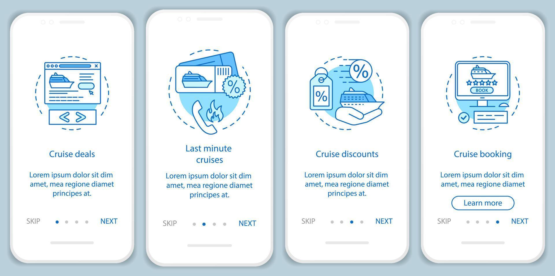 modello vettoriale dello schermo della pagina dell'app mobile per l'onboarding della crociera. offerte, crociere last minute, sconti, prenotazioni. procedura dettagliata del sito Web con illustrazioni lineari. ux, ui, gui concetto di interfaccia per smartphone