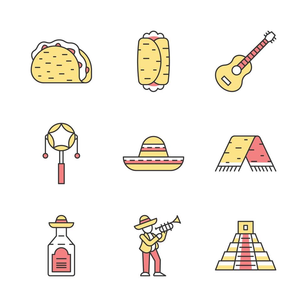 set di icone di colore messicano. cinco de mayo. cibo tradizionale, bevande, musica, vestiti, attrazioni. taco, burrito, chitarra, tamburo, uomo con tromba, piramide, sombrero, serape. illustrazioni vettoriali isolate