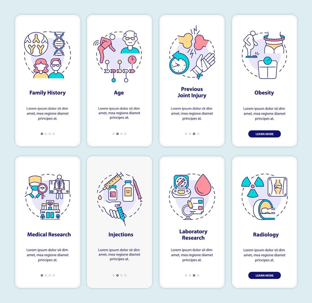 set di schermate della pagina dell'app mobile per l'onboarding dell'artrite. Guida ai fattori di rischio e alla prevenzione Istruzioni grafiche in 4 passaggi con concetti. modello vettoriale ui, ux, gui con illustrazioni a colori lineari