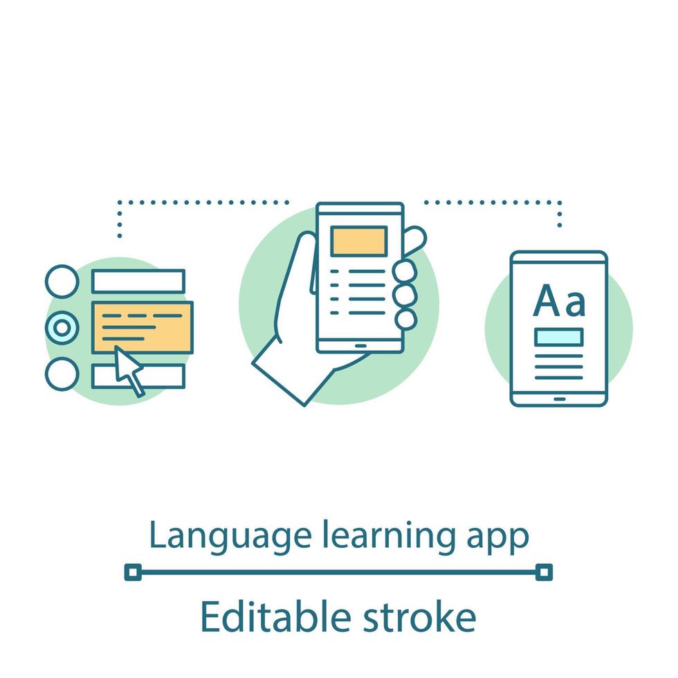 icona del concetto di app per l'apprendimento delle lingue straniere. lezioni di lingua online. pratica orale. programma educativo. e-learning. idea illustrazione linea sottile. disegno di contorno isolato vettoriale. tratto modificabile vettore