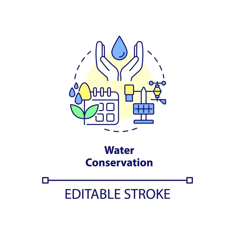 icona del concetto di conservazione dell'acqua. risparmio idrico sull'illustrazione della linea sottile dell'idea astratta dell'azienda agricola. vantaggio dell'agricoltura intelligente. disegno di contorno isolato. tratto modificabile. roboto-medium, una miriade di caratteri pro-grassetto utilizzati vettore