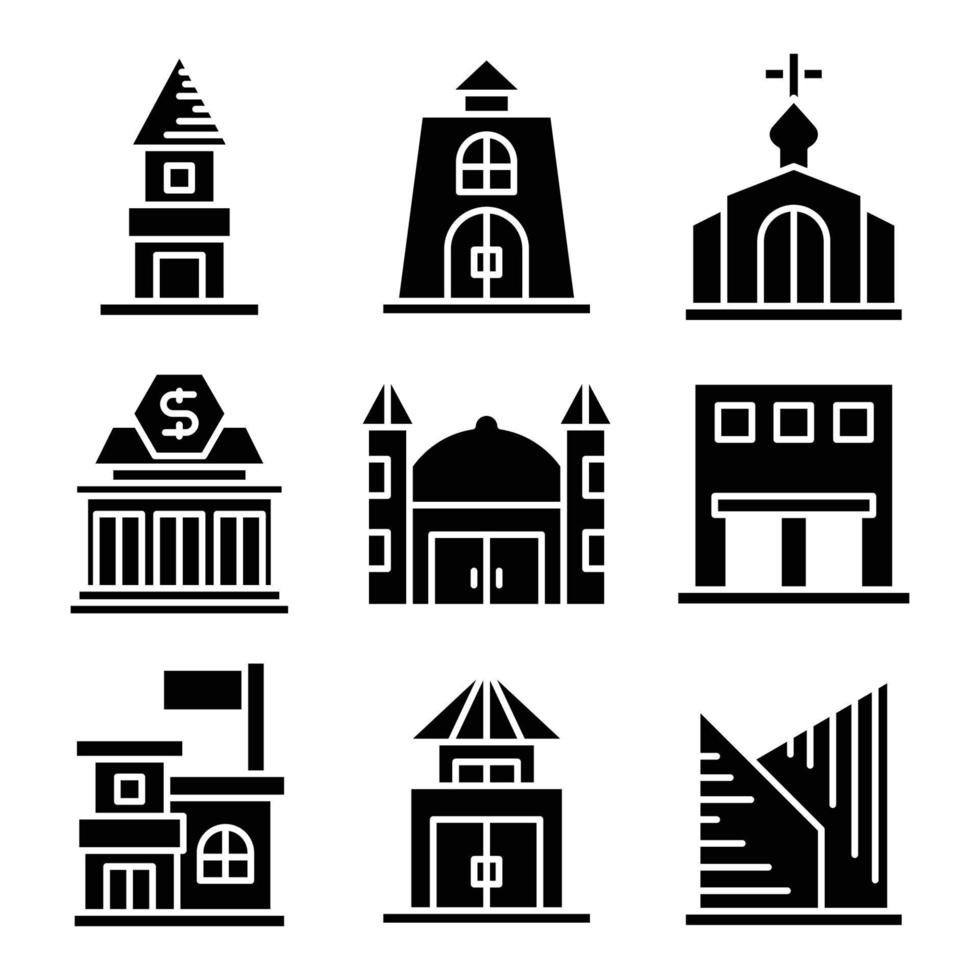 icone di chiesa, banca, casa e costruzione vettore