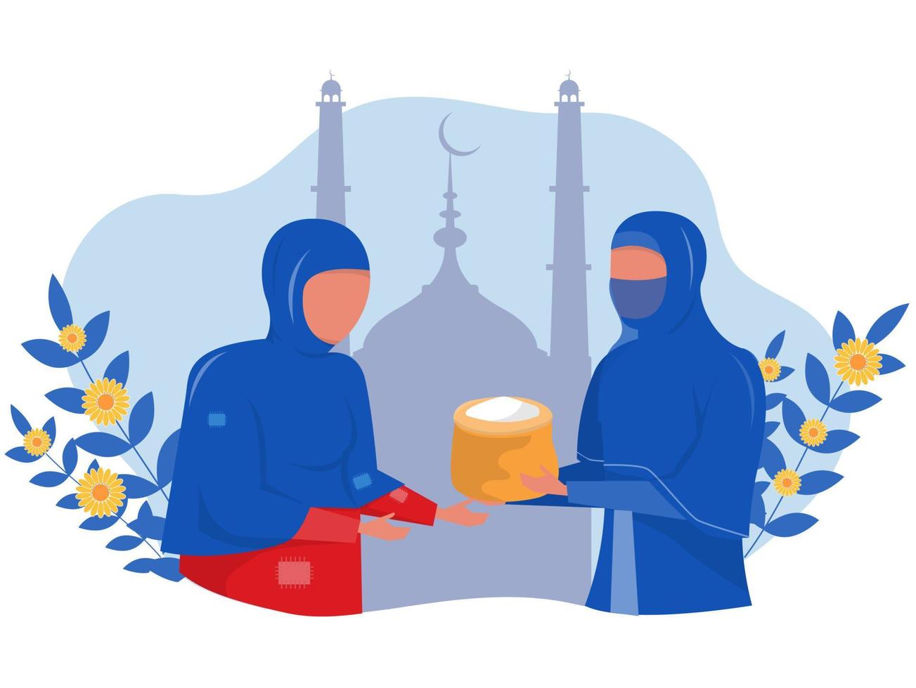 zakat ramadan,zakat sadaqah concetto di donazione nell'islam, popolo musulmano che dà al povero illustratore vettoriale piatto