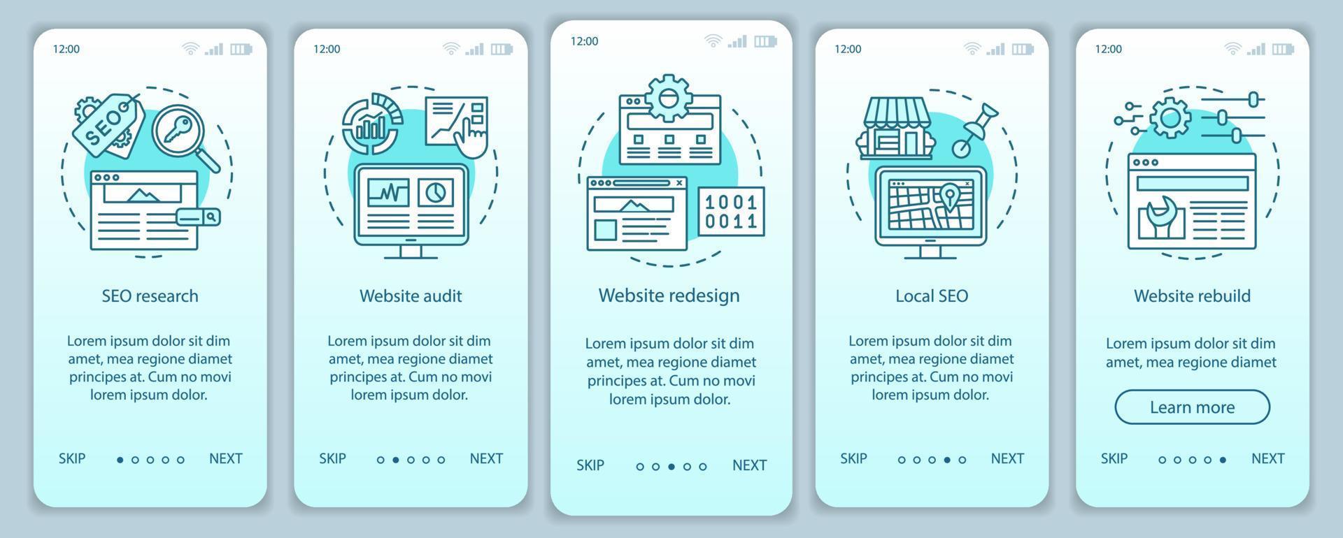 modello vettoriale dello schermo della pagina dell'app mobile per l'onboarding della consulenza web. ricerca seo. riprogettazione del sito web, audit. procedura dettagliata del sito Web con illustrazioni lineari. ux, ui, gui concetto di interfaccia per smartphone