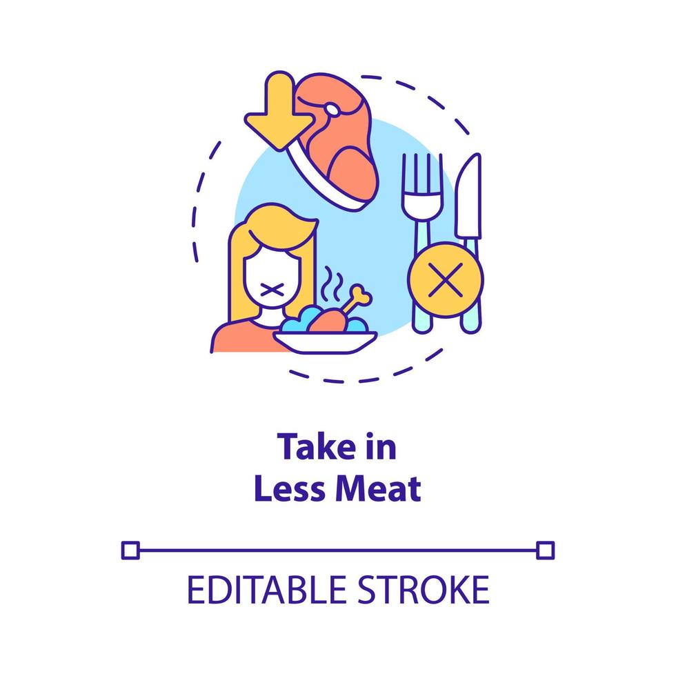 prendi meno icona del concetto di carne. emissione di gas durante la produzione. illustrazione della linea sottile dell'idea astratta del cambiamento climatico. disegno di contorno isolato. tratto modificabile. roboto-medium, una miriade di caratteri pro-grassetto utilizzati vettore