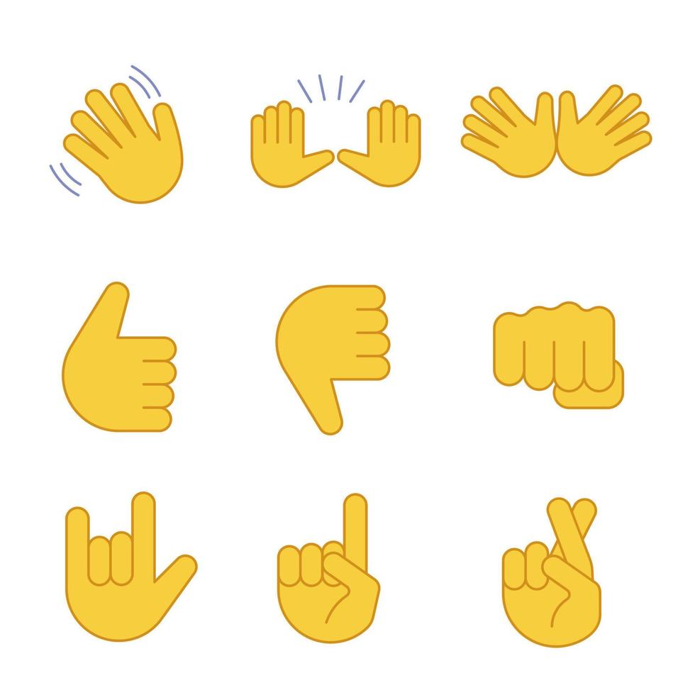 set di icone a colori emoji per gesti della mano. salutando, fermati, jazz, pollice su e giù, pugno, ti amo, fortuna, mentire gesticolando. mani aperte, dita incrociate. illustrazioni vettoriali isolate