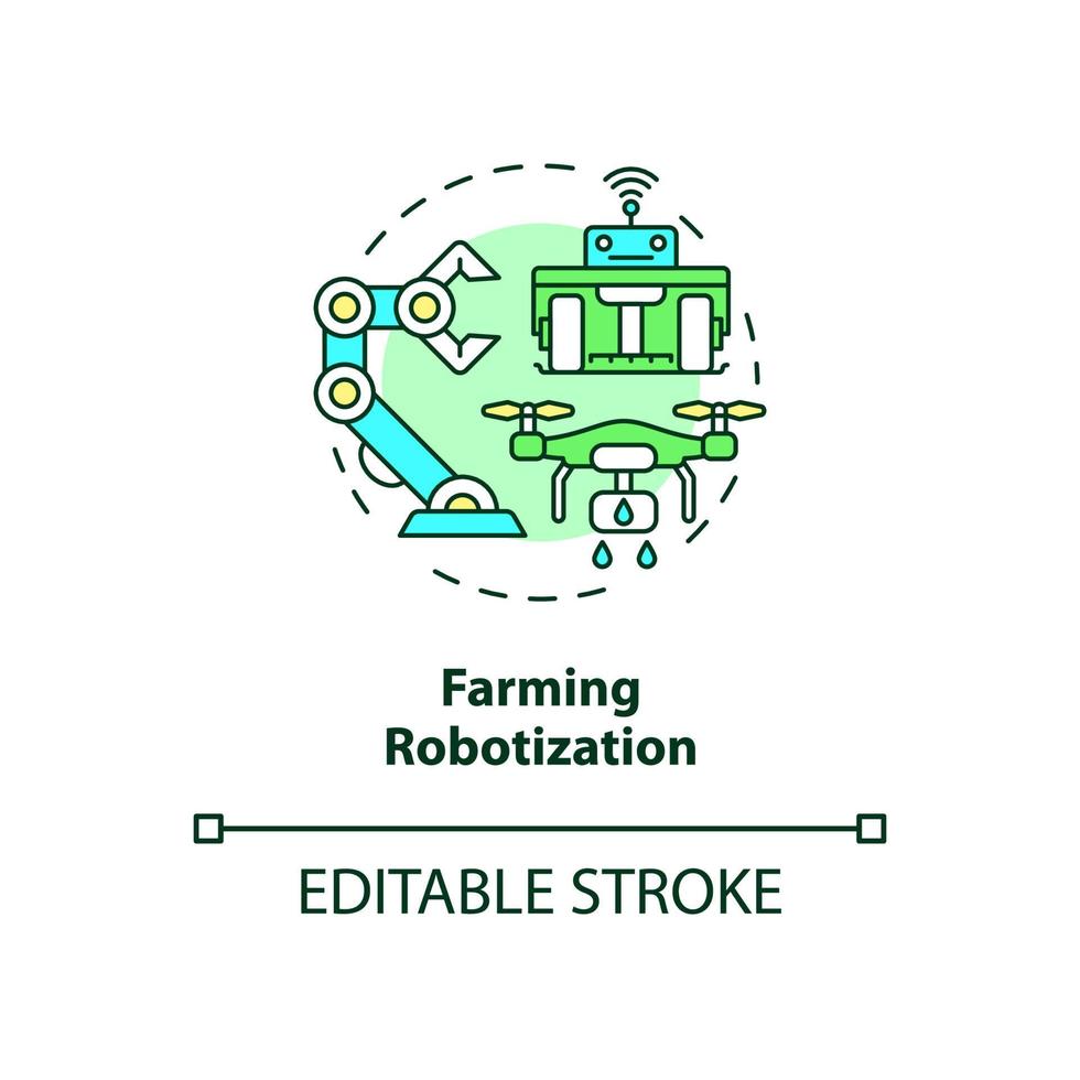 icona del concetto di robotizzazione agricola. illustrazione di linea sottile di idea astratta di agricoltura intelligente. uso di robot agricoli. disegno di contorno isolato. tratto modificabile. roboto-medium, una miriade di caratteri pro-grassetto utilizzati vettore