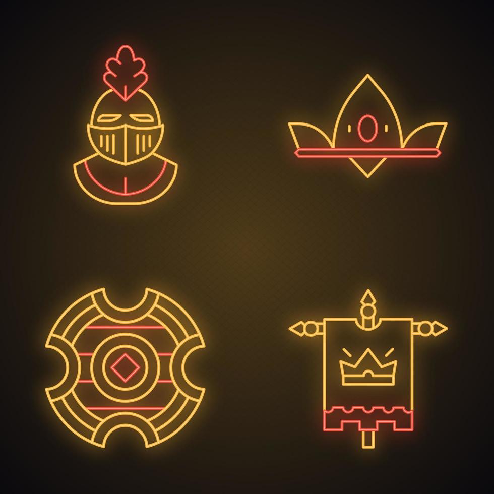 set di icone di luce al neon medievali. elmo da cavaliere, corona reale, scudo da battaglia, bandiera del re. segni luminosi. illustrazioni vettoriali isolate