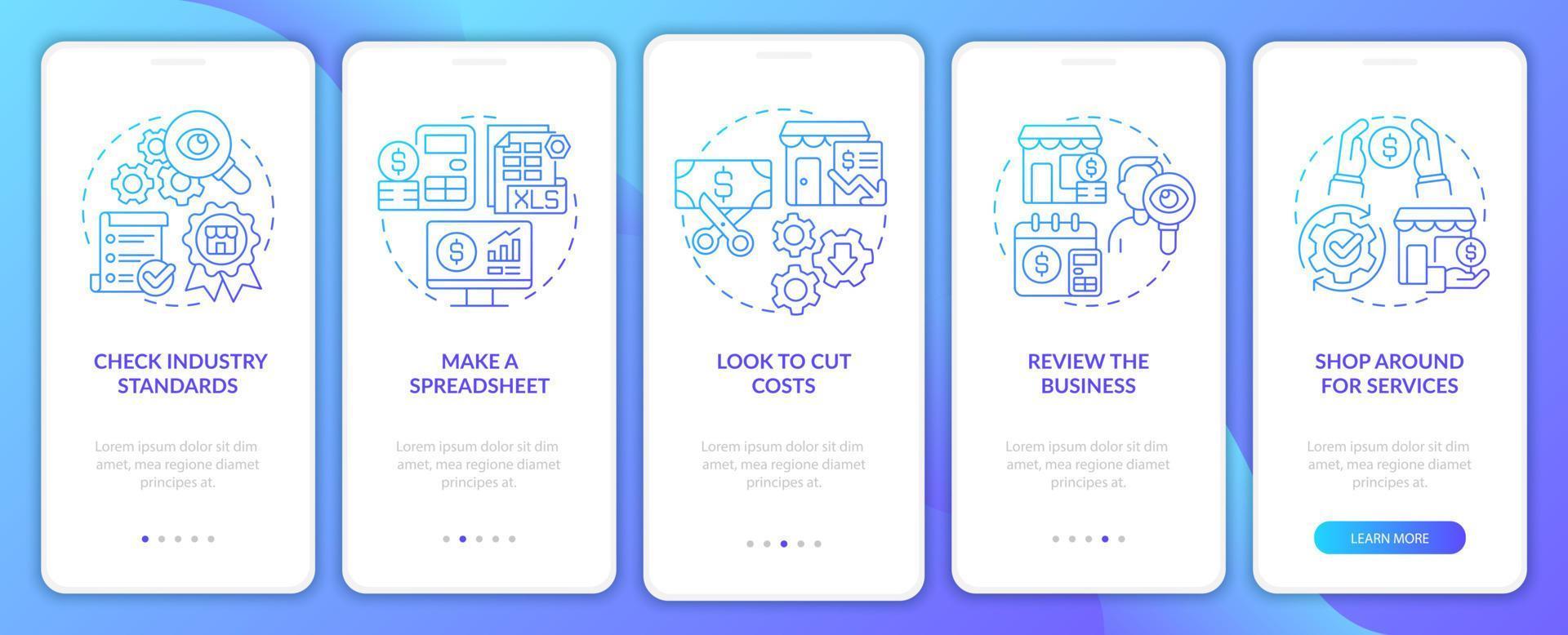 definizione del budget per la schermata dell'app mobile per l'onboarding del gradiente blu delle piccole imprese. procedura dettagliata 5 passaggi pagine di istruzioni grafiche con concetti lineari. ui, ux, modello gui. sono stati utilizzati una miriade di caratteri normali in grassetto vettore