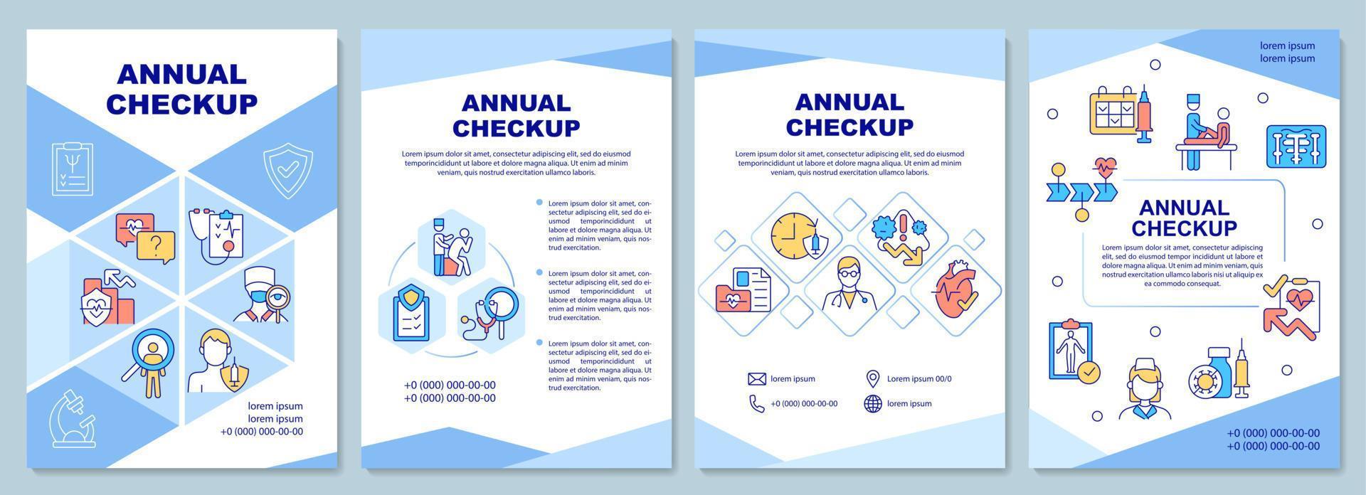 modello di brochure di controllo annuale. assistenza sanitaria. esame medico. volantino, opuscolo, stampa depliant, copertina con icone lineari. layout vettoriali per presentazioni, relazioni annuali, pagine pubblicitarie