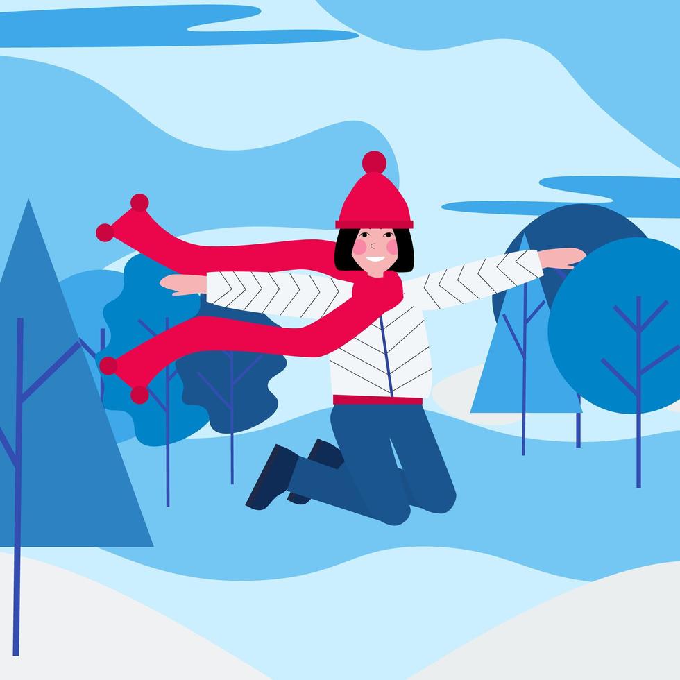 bella ragazza con una sciarpa rossa e una giacca bianca che salta su uno sfondo di un parco invernale o di una foresta. illustrazione piatta del paesaggio invernale in colore blu vettore