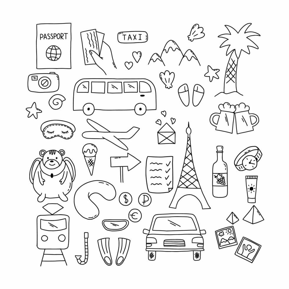viaggiare in giro per il mondo. set di simboli turistici. vacanza al mare. viaggiare in aereo. illustrazione di doodle di vettore. schizzo disegnato a mano. vettore