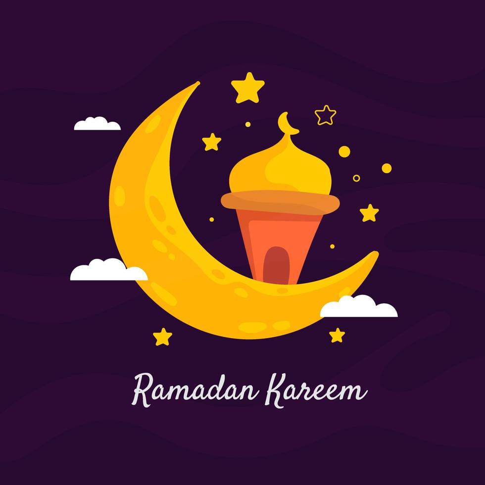 illustrazione del ramadan kareem con la luna crescente e il concetto di moschea. stile cartone animato design piatto vettore