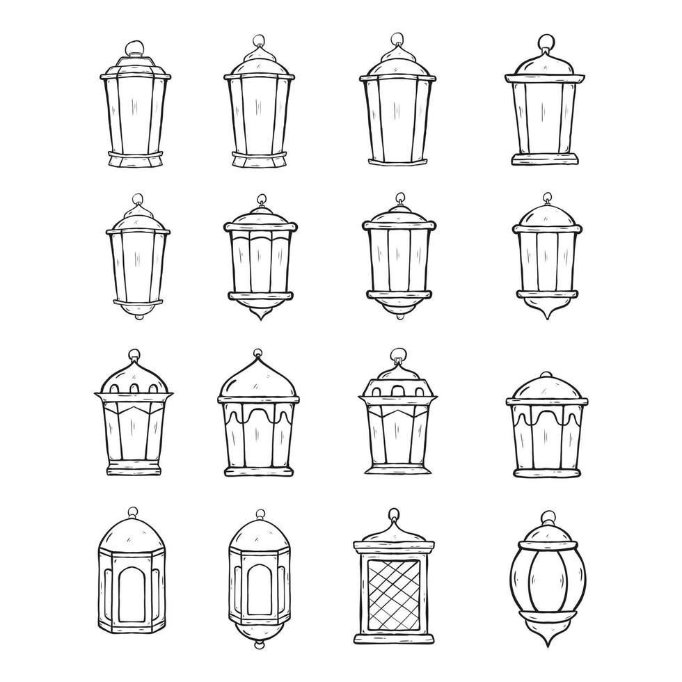set di lanterne disegnate a mano. illustrazione grafica vettoriale. concetto di design ramadan lanterna vintage con stile schizzo disegnato a mano vettore